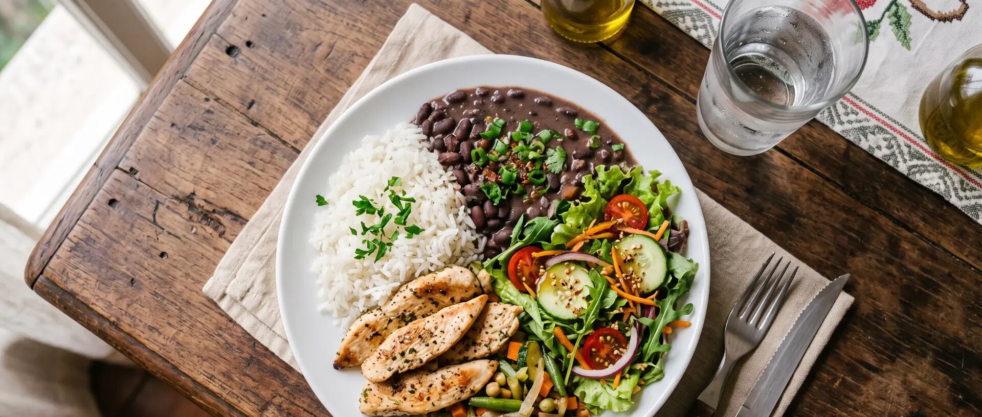 Marmita caseira com arroz soltinho, feijão temperado, frango grelhado, legumes e salada em mesa de madeira